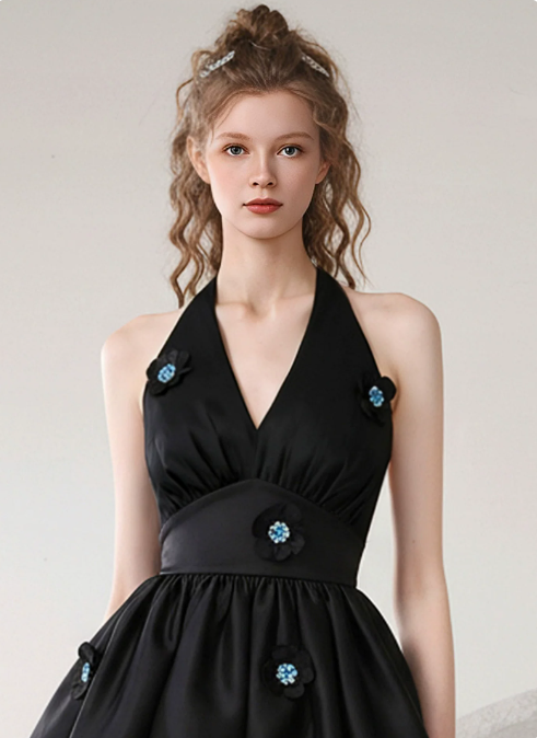 Charming Homecoming Dress Halter Flower Pleated Prom Dress Back to School Outfits Party Dress  D6245