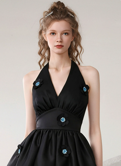 Charming Homecoming Dress Halter Flower Pleated Prom Dress Back to School Outfits Party Dress  D6245