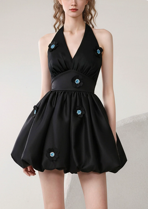 Charming Homecoming Dress Halter Flower Pleated Prom Dress Back to School Outfits Party Dress  D6245