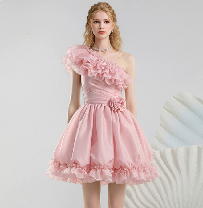 Charming Homecoming Dress One Shoulder Flouncing Flower Pleated Prom Dress Back to School Outfits Party Dress  D6246