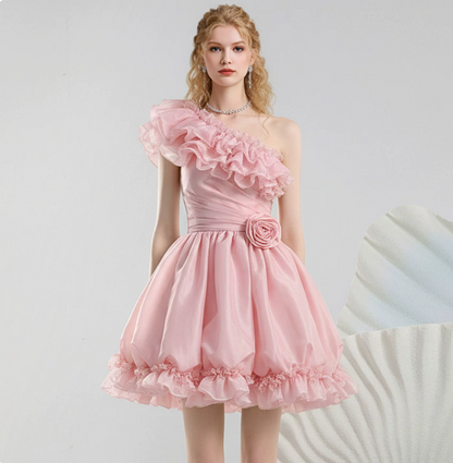 Charming Homecoming Dress One Shoulder Flouncing Flower Pleated Prom Dress Back to School Outfits Party Dress  D6246