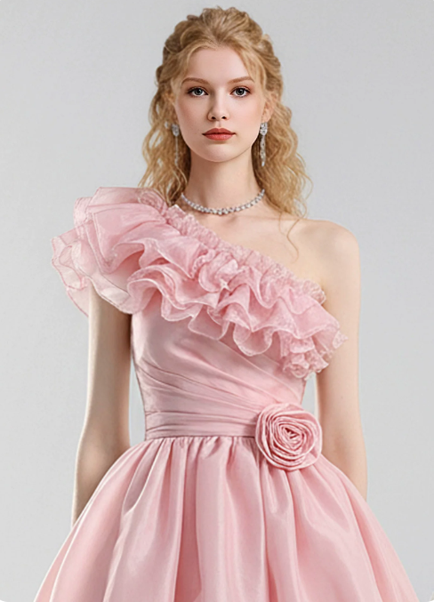 Charming Homecoming Dress One Shoulder Flouncing Flower Pleated Prom Dress Back to School Outfits Party Dress  D6246