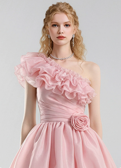 Charming Homecoming Dress One Shoulder Flouncing Flower Pleated Prom Dress Back to School Outfits Party Dress  D6246