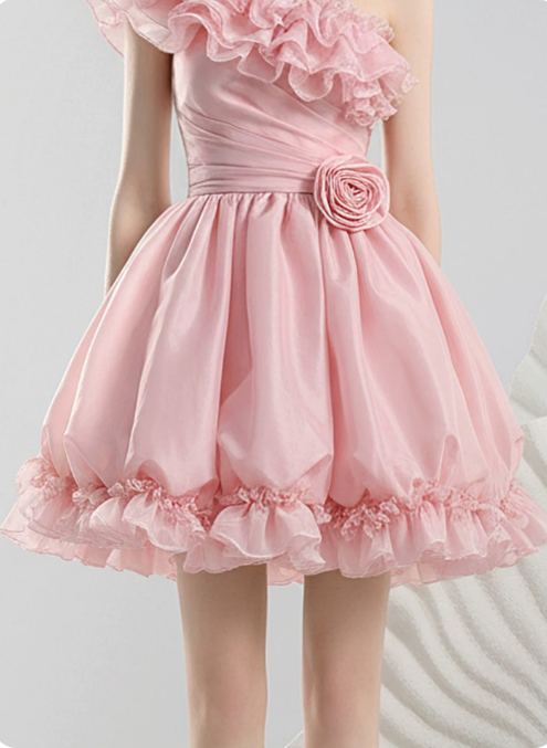 Charming Homecoming Dress One Shoulder Flouncing Flower Pleated Prom Dress Back to School Outfits Party Dress  D6246