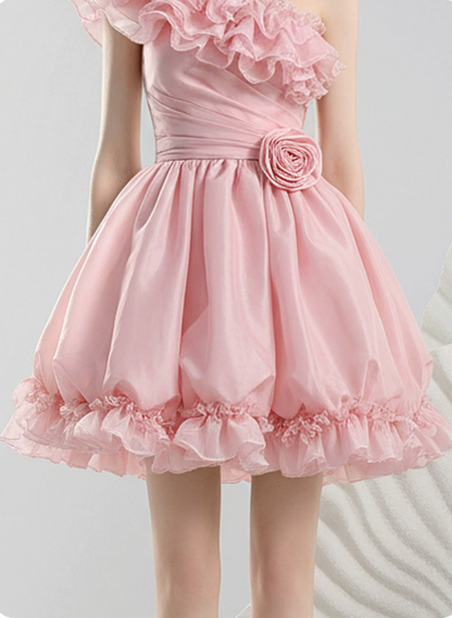 Charming Homecoming Dress One Shoulder Flouncing Flower Pleated Prom Dress Back to School Outfits Party Dress  D6246