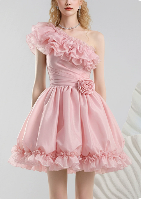 Charming Homecoming Dress One Shoulder Flouncing Flower Pleated Prom Dress Back to School Outfits Party Dress  D6246