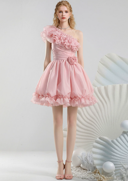 Charming Homecoming Dress One Shoulder Flouncing Flower Pleated Prom Dress Back to School Outfits Party Dress  D6246