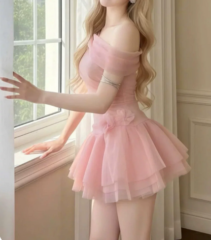Sweet Homecoming Dress One Shoulder Flower Tulle Prom Dress Back to School Outfits Party Dress  D6260