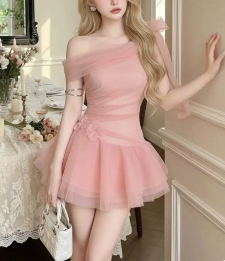 Sweet Homecoming Dress One Shoulder Flower Tulle Prom Dress Back to School Outfits Party Dress  D6260