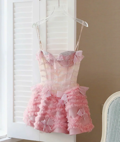 Sweet Homecoming Dress Spaghetti Strap Tulle Bowknot Rinestone Prom Dress Back to School Outfits Party Dress  D6269
