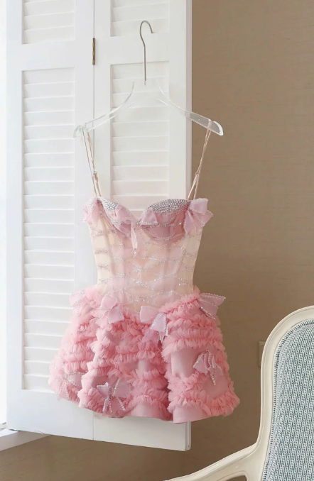 Sweet Homecoming Dress Spaghetti Strap Tulle Bowknot Rinestone Prom Dress Back to School Outfits Party Dress  D6269
