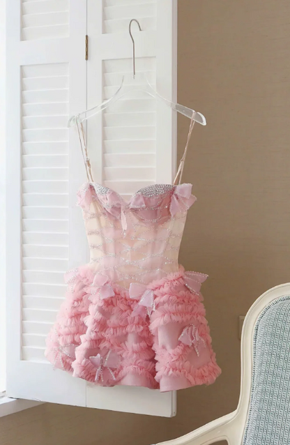Sweet Homecoming Dress Spaghetti Strap Tulle Bowknot Rinestone Prom Dress Back to School Outfits Party Dress  D6269
