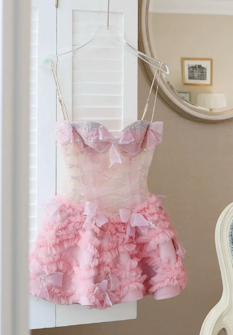 Sweet Homecoming Dress Spaghetti Strap Tulle Bowknot Rinestone Prom Dress Back to School Outfits Party Dress  D6269