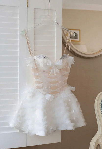 Sweet Homecoming Dress Spaghetti Strap Tulle Bowknot Rinestone Prom Dress Back to School Outfits Party Dress  D6269