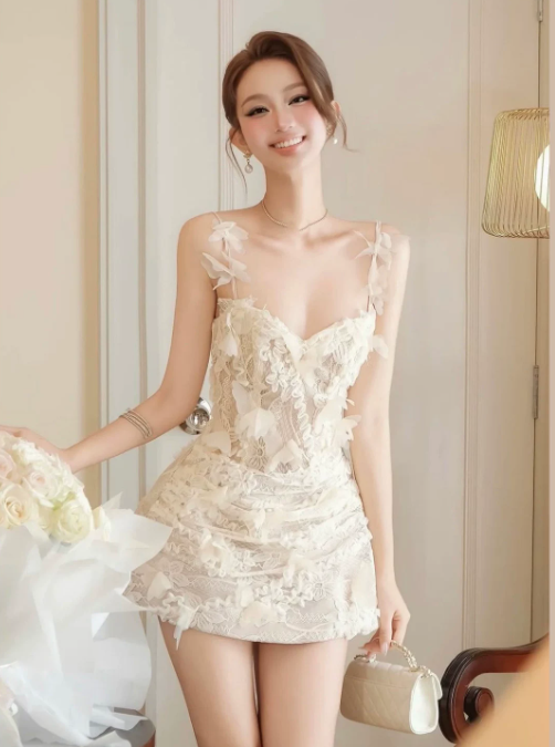 Charming Homecoming Dress Spaghetti Strap Flower Lace Prom Dress Back to School Outfits Party Dress  D6305