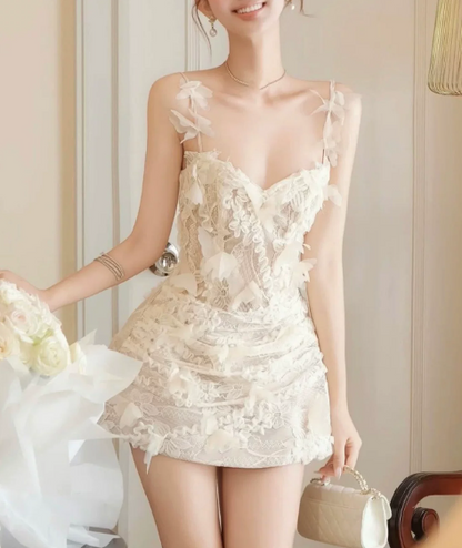 Charming Homecoming Dress Spaghetti Strap Flower Lace Prom Dress Back to School Outfits Party Dress  D6305