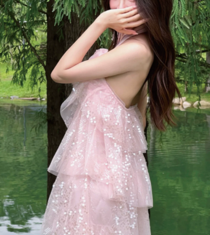Sweet Homecoming Dress Halter Flower Sequins Dress Back to School Outfits Party Dress  D6345