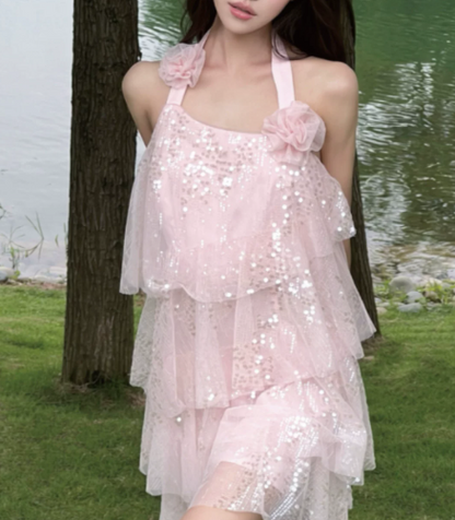 Sweet Homecoming Dress Halter Flower Sequins Dress Back to School Outfits Party Dress  D6345