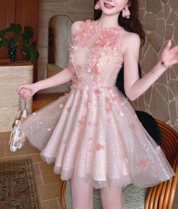 Sweet Homecoming Dress Halter Flower Tulle Dress Back to School Outfits Party Dress  D6346