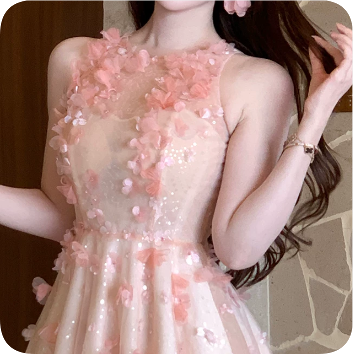 Sweet Homecoming Dress Halter Flower Tulle Dress Back to School Outfits Party Dress  D6346