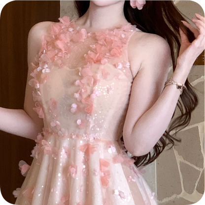 Sweet Homecoming Dress Halter Flower Tulle Dress Back to School Outfits Party Dress  D6346