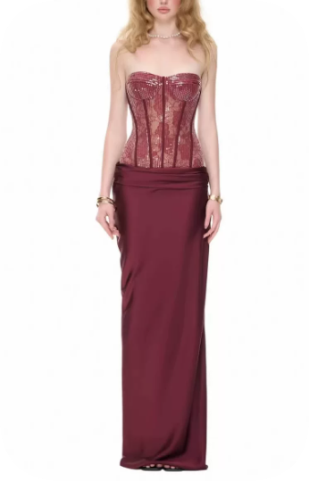 Elegant Prom Dress Strapless Lace Dress Evening Dress   D6320