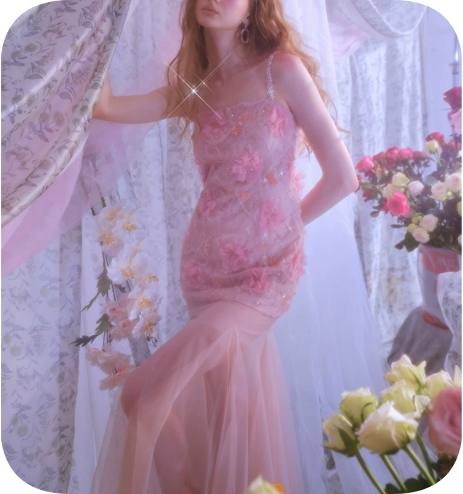 Elegant Prom Dress Spaghetti Strap Flower Rinestone Tulle Dress Evening Dress   D6379