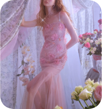 Elegant Prom Dress Spaghetti Strap Flower Rinestone Tulle Dress Evening Dress   D6379