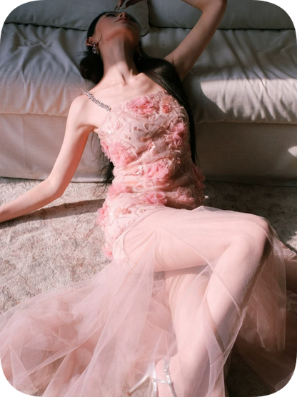 Elegant Prom Dress Spaghetti Strap Flower Rinestone Tulle Dress Evening Dress   D6379
