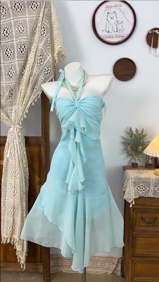 Beauty Homecoming Dress Halter Pleated Back to School Outfits Party Dress  D6501