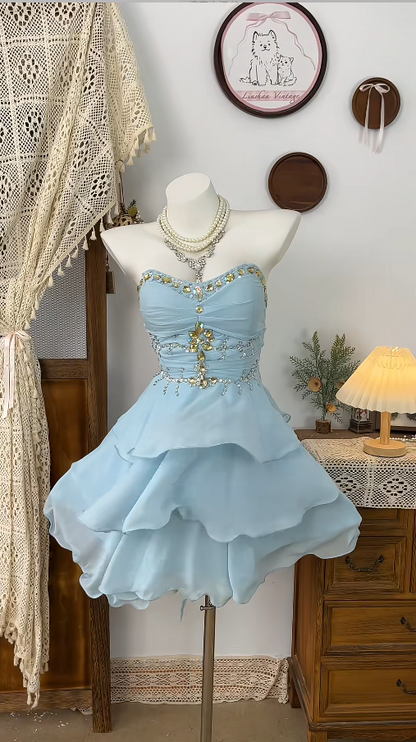 Beauty Homecoming Dress Sweetheart Rinestone Cascade Back to School Outfits Party Dress  D6503