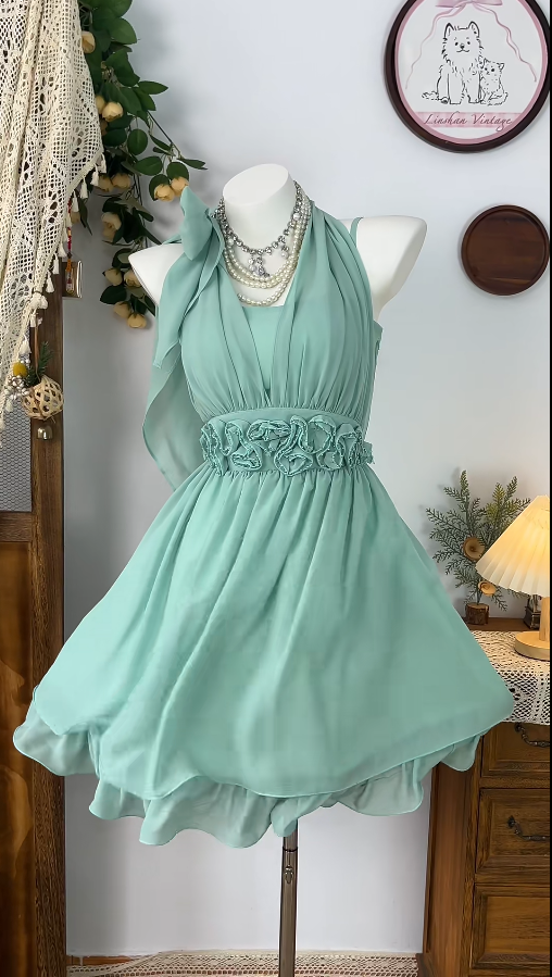 Beauty Homecoming Dress Halter Pleated Flower Back to School Outfits Party Dress  D6537