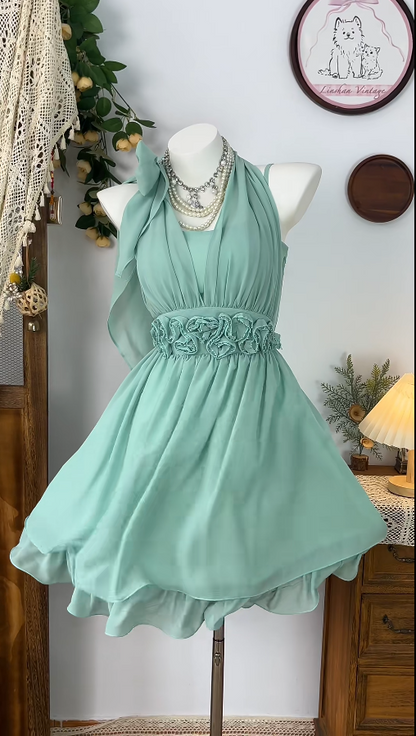 Beauty Homecoming Dress Halter Pleated Flower Back to School Outfits Party Dress  D6537