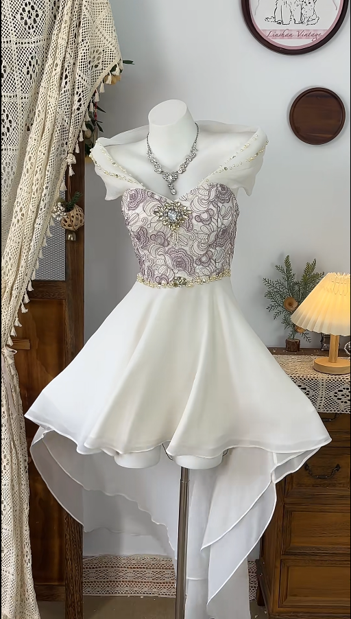 Beauty Homecoming Dress Portrait Hi-Lo Rinestone Back to School Outfits Party Dress  D6539