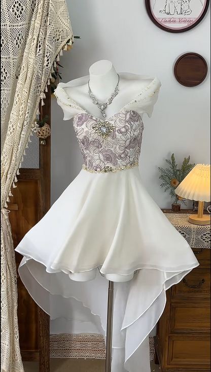 Beauty Homecoming Dress Portrait Hi-Lo Rinestone Back to School Outfits Party Dress  D6539