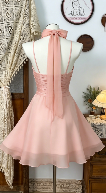 Beauty Homecoming Dress Halter Pleated Back to School Outfits Party Dress  D6493