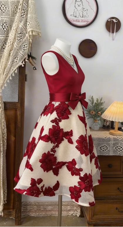 Beauty Homecoming Dress V Neck Bowknot Back to School Outfits Party Dress  D6496