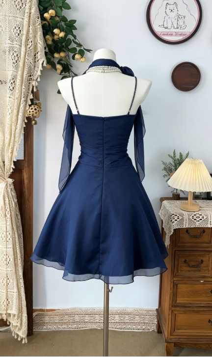 Beauty Homecoming Dress Halter Pleated Back to School Outfits Party Dress  D6494