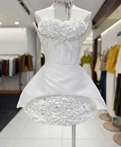 Stunning Homecoming Dress Strapless Flower Rinestone Back to School Outfits Party Dress  D6571
