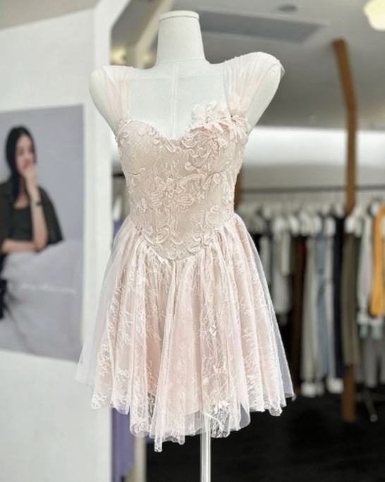 Sweet Homecoming Dress Sheer Strap Lace Flower Back to School Outfits Party Dress  D6574