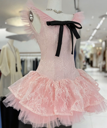 Sweet Homecoming Dress Sheer Strap Bowknot Lace Back to School Outfits Party Dress  D6573