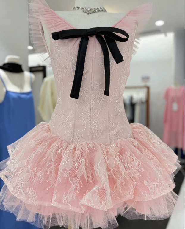 Sweet Homecoming Dress Sheer Strap Bowknot Lace Back to School Outfits Party Dress  D6573