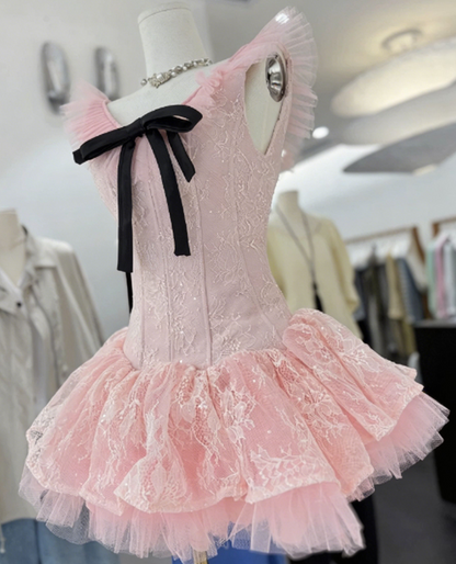 Sweet Homecoming Dress Sheer Strap Bowknot Lace Back to School Outfits Party Dress  D6573