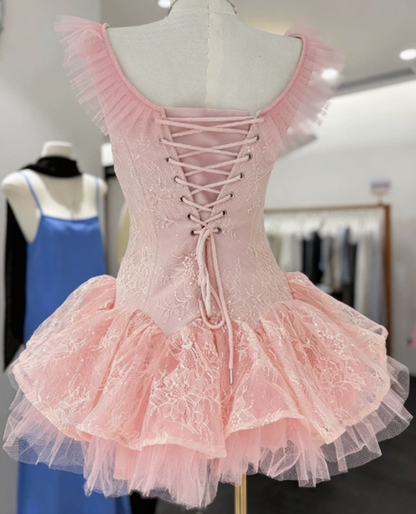 Sweet Homecoming Dress Sheer Strap Bowknot Lace Back to School Outfits Party Dress  D6573