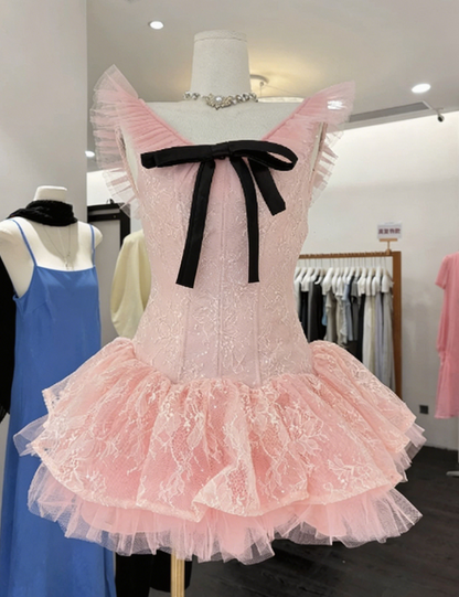 Sweet Homecoming Dress Sheer Strap Bowknot Lace Back to School Outfits Party Dress  D6573