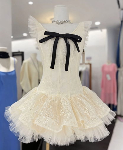 Sweet Homecoming Dress Sheer Strap Bowknot Lace Back to School Outfits Party Dress  D6573