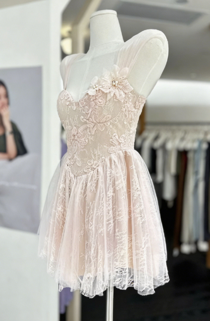 Sweet Homecoming Dress Sheer Strap Lace Flower Back to School Outfits Party Dress  D6574
