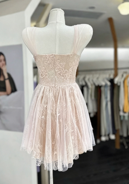 Sweet Homecoming Dress Sheer Strap Lace Flower Back to School Outfits Party Dress  D6574
