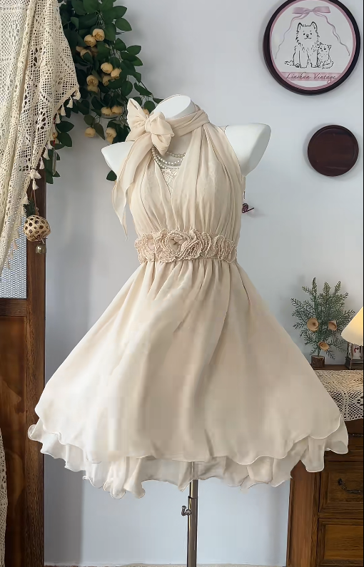 Charming Homecoming Dress Halter Flower Pleated Back to School Outfits Party Dress  D6597
