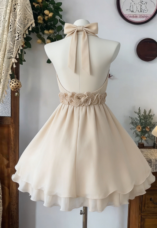 Charming Homecoming Dress Halter Flower Pleated Back to School Outfits Party Dress  D6597
